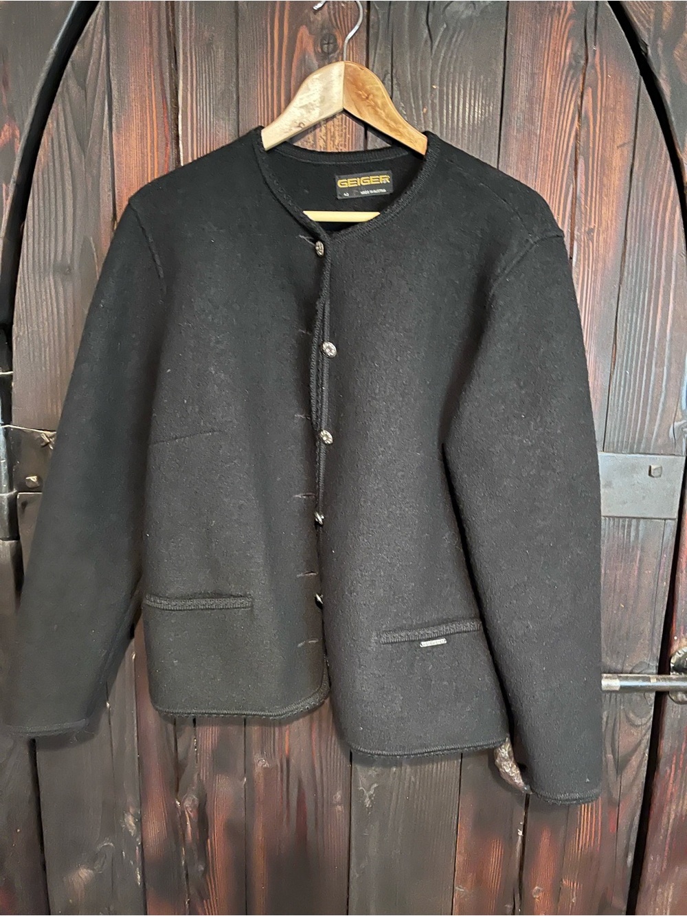 Geiger Black Wool Collarless Women's Boiled Wool Jacket